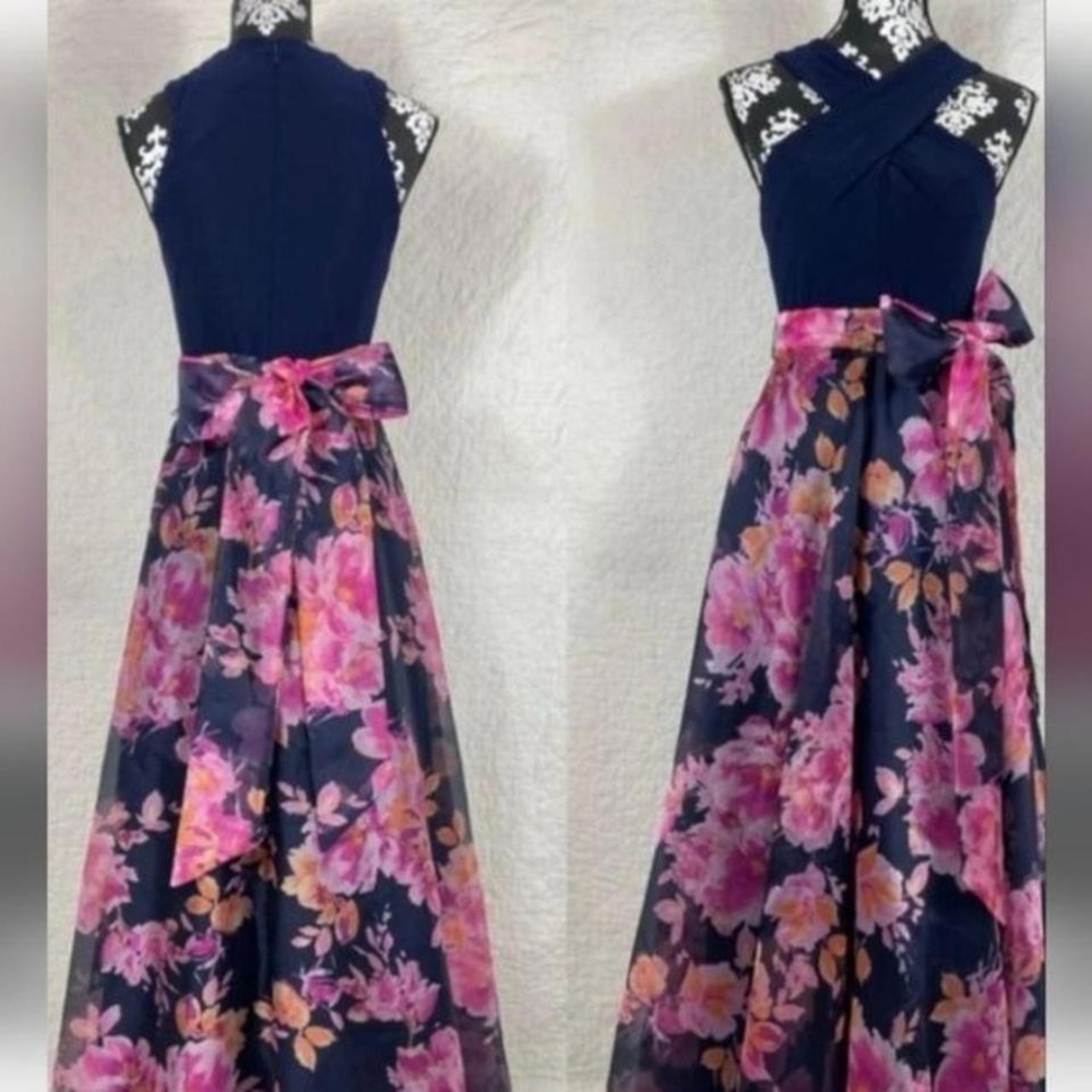 Eliza J Navy Blue Floral Chiffon Maxi Cross Halter Neck Formal Gown w Waist Tie